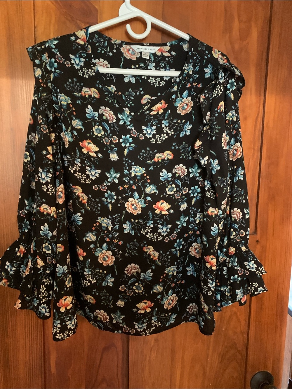 Counterparts Black Floral Ruffle-Sleeve Blouse